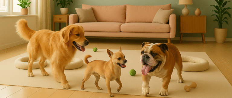 Three happy dogs playing with pet toys in a cozy living room — perfect setting for choosing the best products for your pet