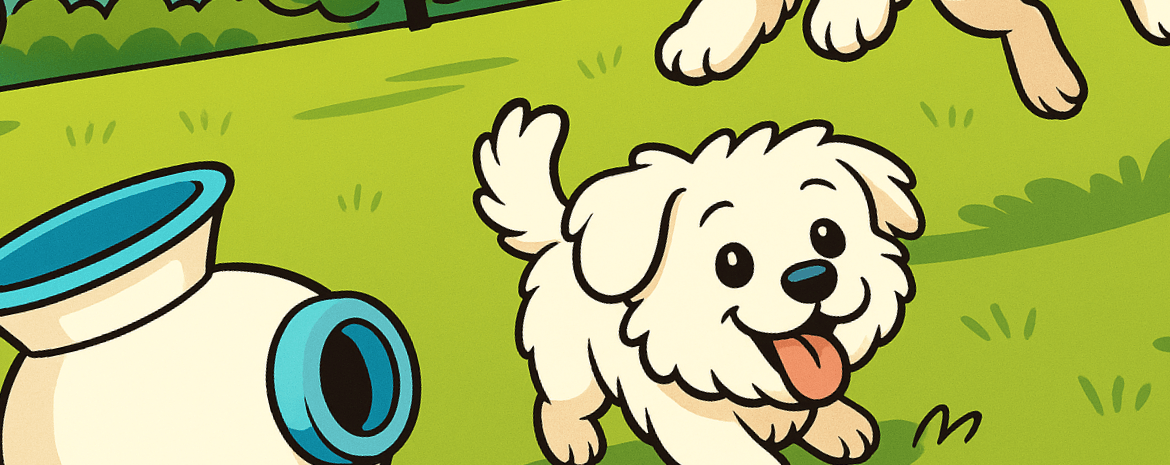 Happy dog chasing a blue ball