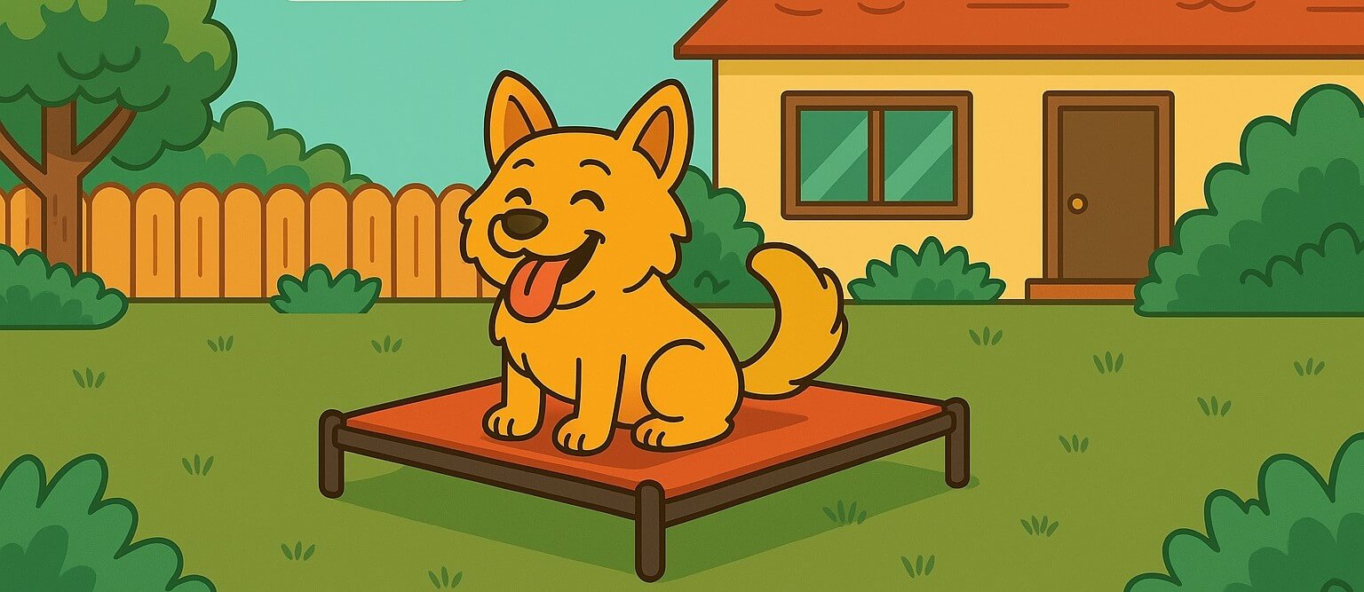 Relaxed dog enjoying the outdoors while resting on a Coolaroo elevated pet bed