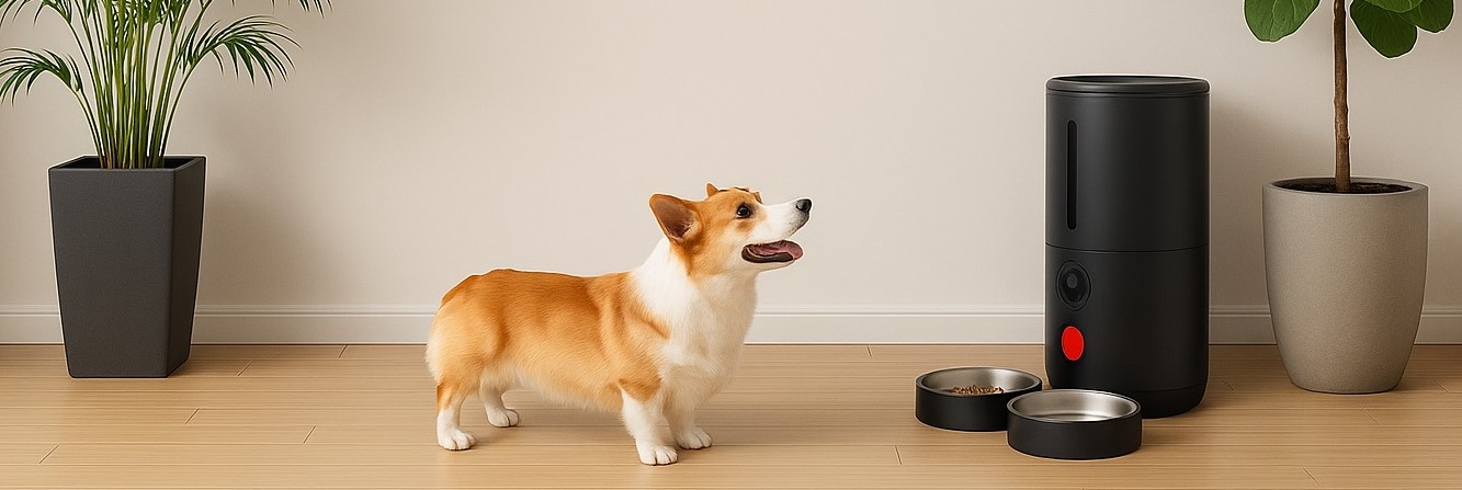 Happy pet eating from WOPET Automatic Pet Feeder while relaxing in a cozy home setting