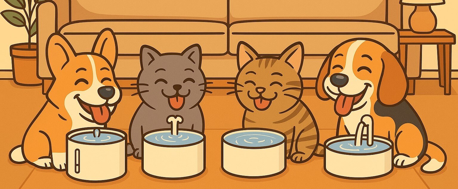 Cat resting calmly next to a clean and quiet smart water fountain