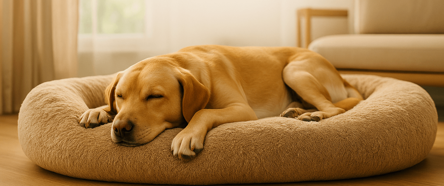 Golden Labrador sleeping on a plush donut dog bed in a cozy living room – best dog beds for comfort and support