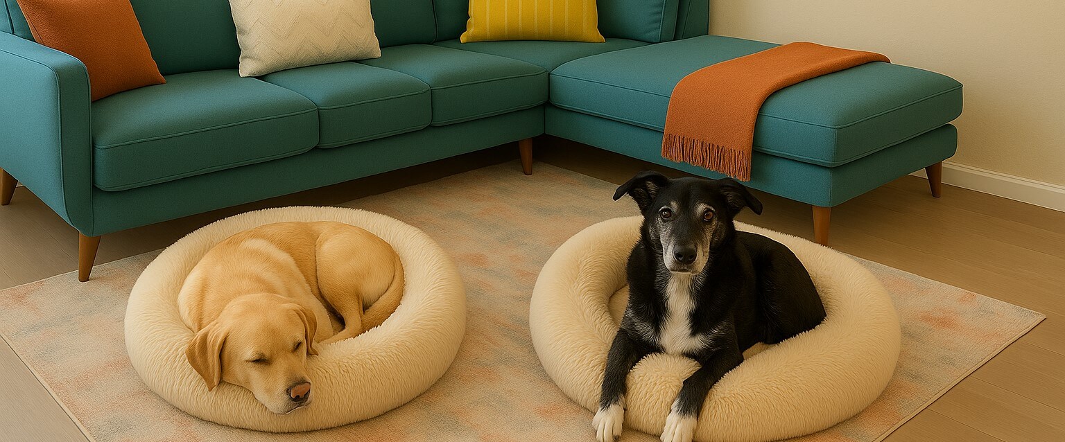 Small dog resting comfortably in a beige donut calming bed for indoor use