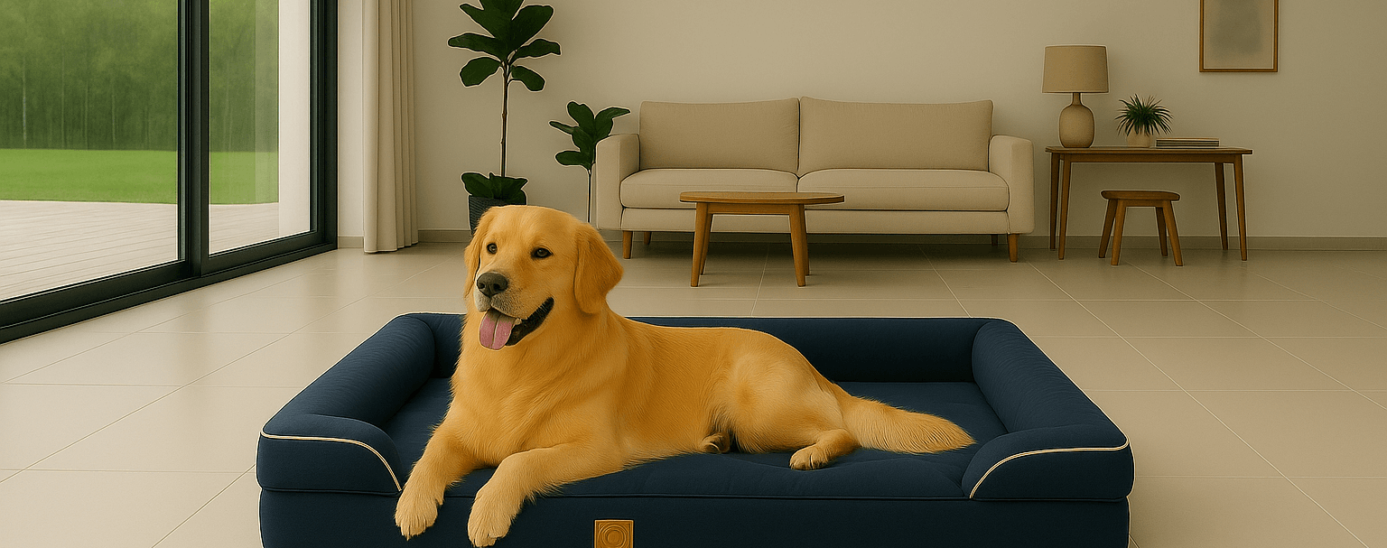 Golden retriever lying on a large navy blue orthopedic dog bed with bolstered sides