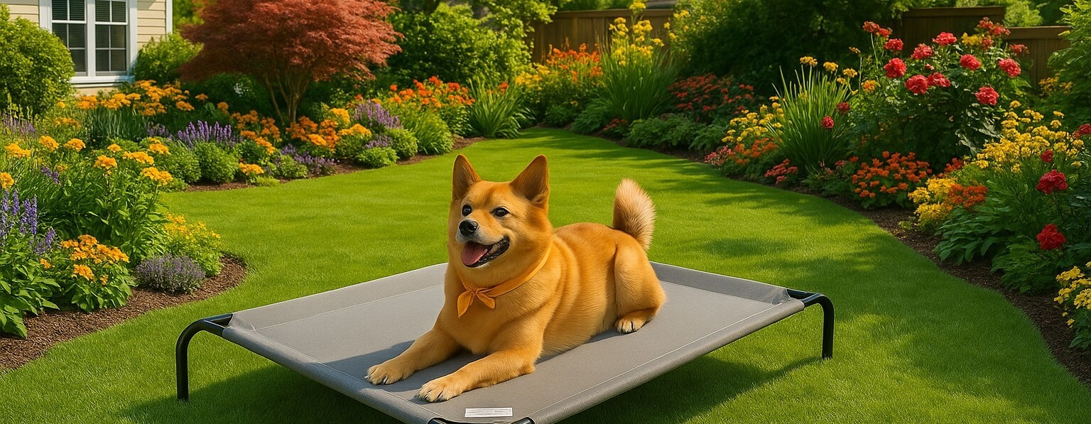 Large dog resting on a Coolaroo elevated dog bed in a sunny outdoor garden