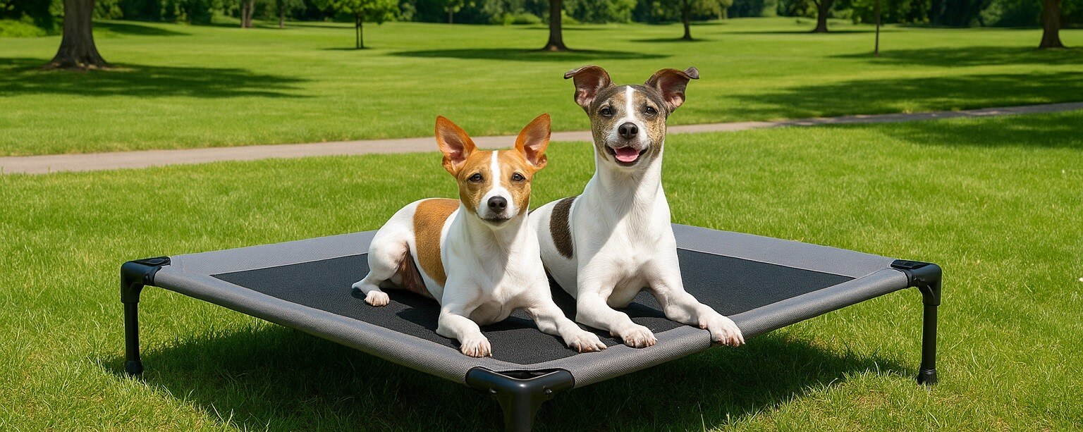 Two small dogs relaxing on the K&H Elevated Dog Cot in a grassy park