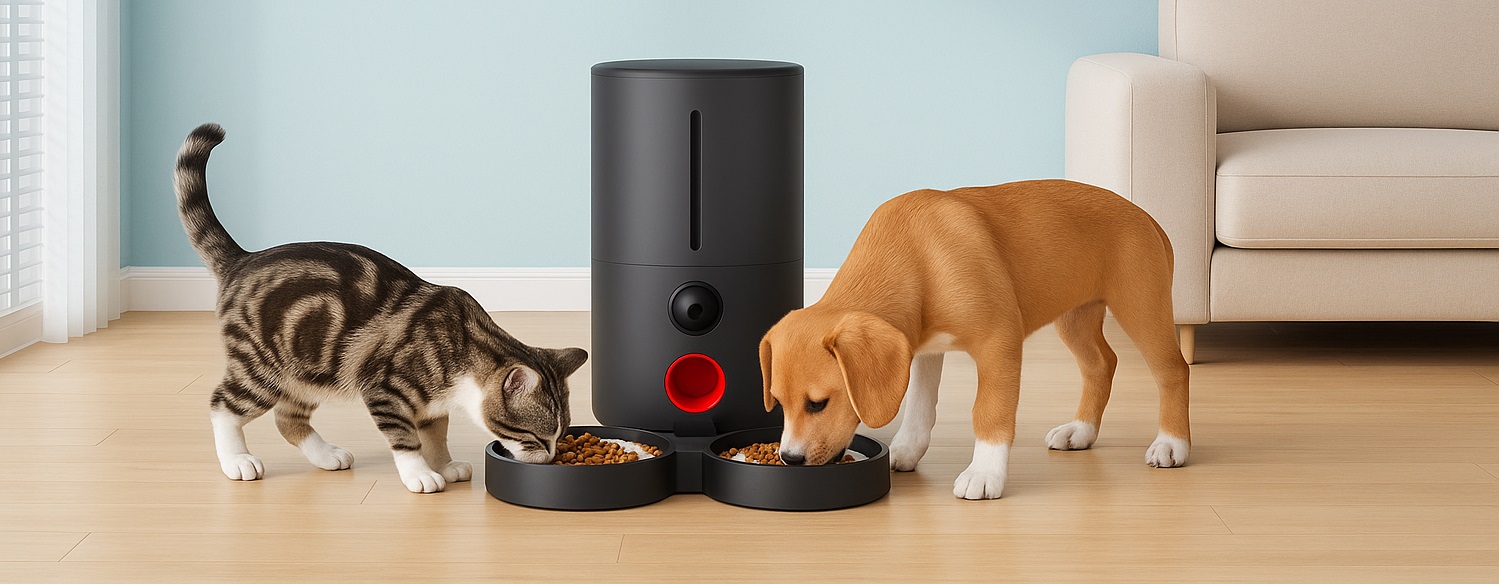 WOPET Automatic Pet Feeder with cat and dog eating kibble in a modern living room