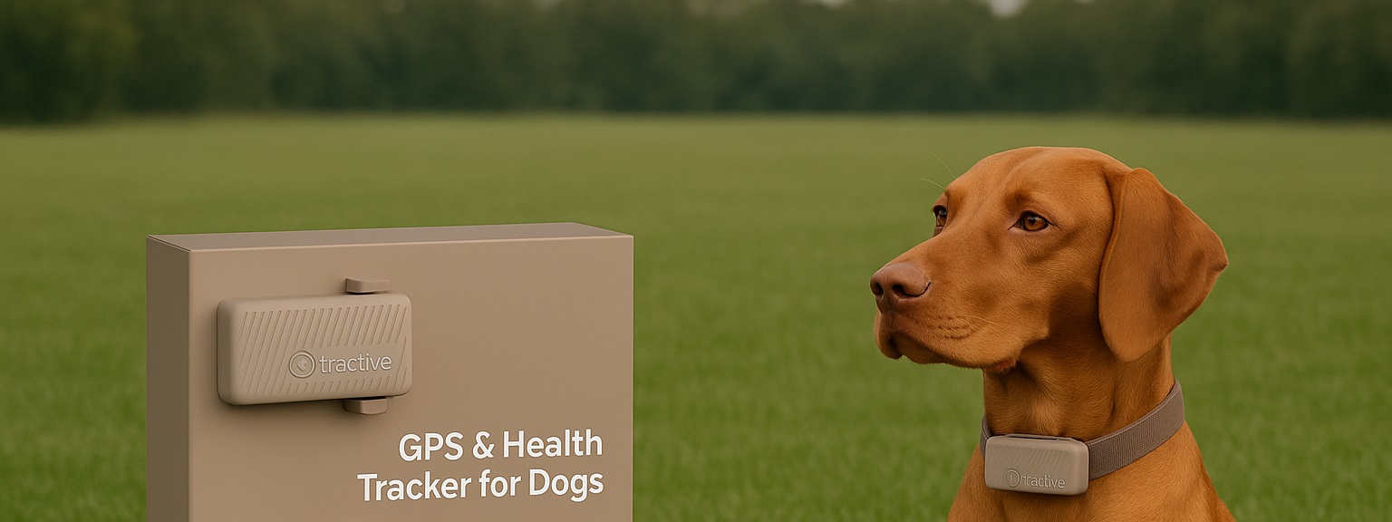Dog wearing Tractive GPS Dog Tracker collar in open field