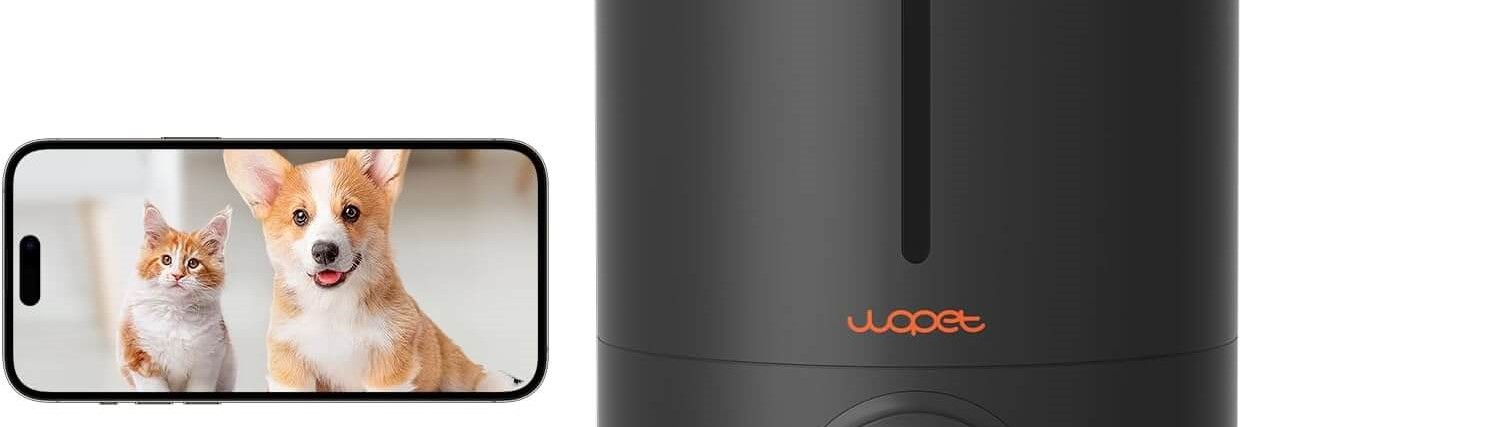 WOPET Automatic Pet Feeder dispensing kibble for a dog in a modern kitchen setting