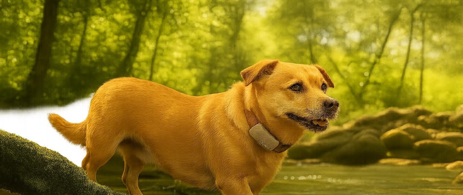 Dog wearing Tractive GPS Tracker while exploring a wide outdoor field