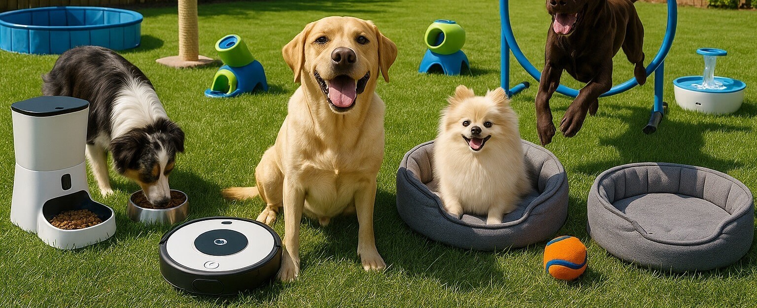 Various smart pet gadgets including automatic feeders, pet cameras, and GPS trackers for dogs and cats displayed on a table