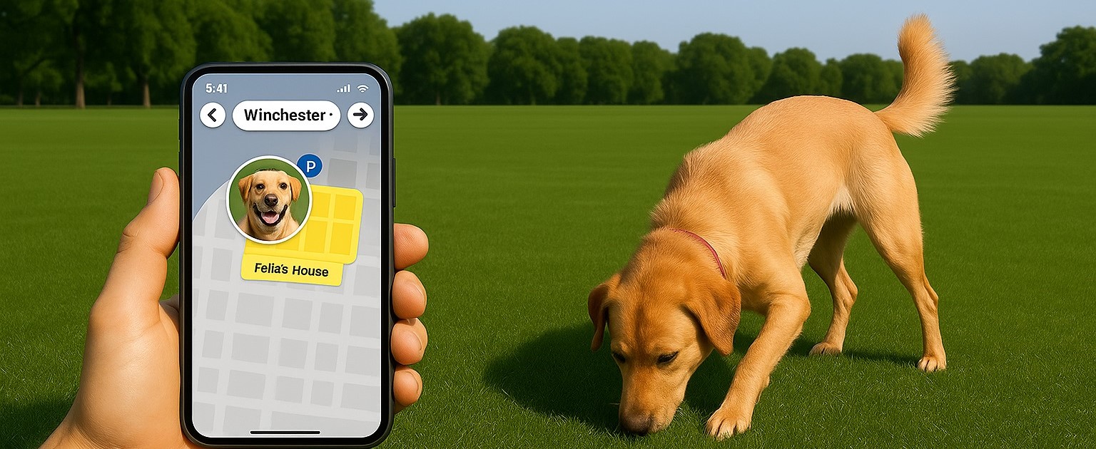 Dog parent monitoring their dog’s location and activity through the Fi Smart 3 Dog Collar app on a smartphone