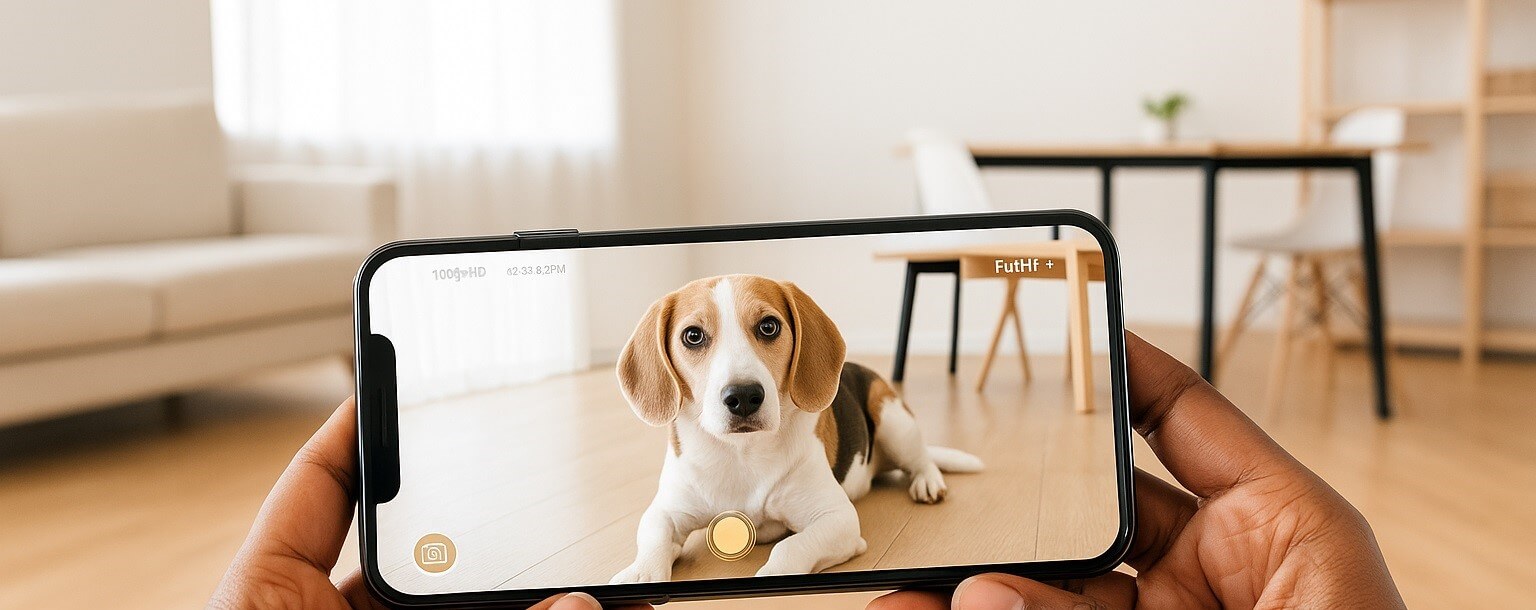 Dog owner watching their pet through the Furbo 360 Dog Camera on a smartphone screen