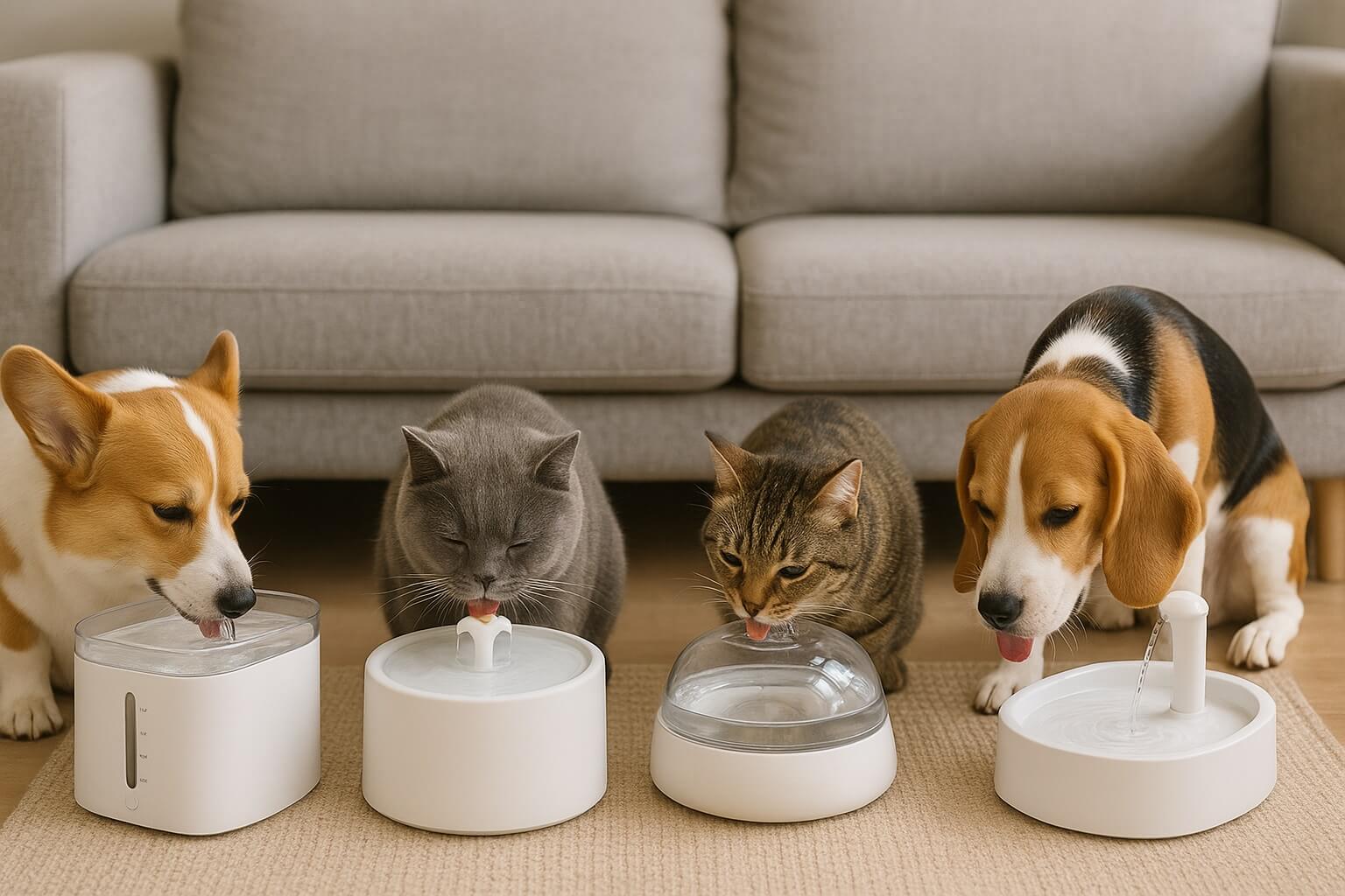 Dog and cat drinking from modern pet water fountains on a clean kitchen floor