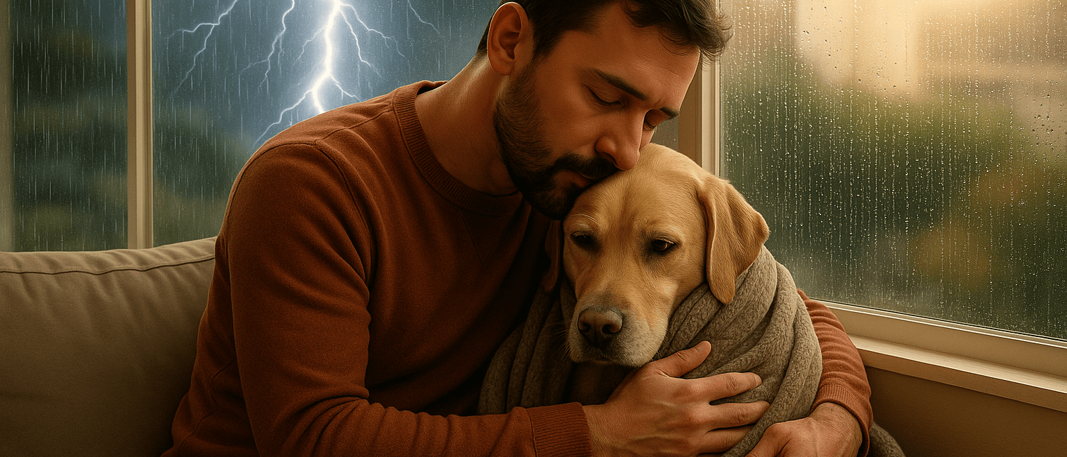 Man comforting his dog during a thunderstorm inside the house, promoting calm and emotional support for pets
