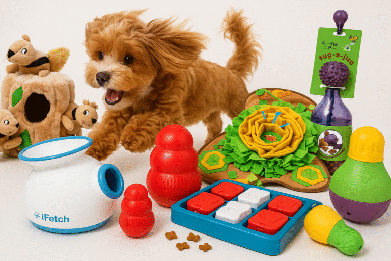 A variety of interactive dog toys designed to stimulate pets, including treat puzzles, fetch machines, and enrichment games