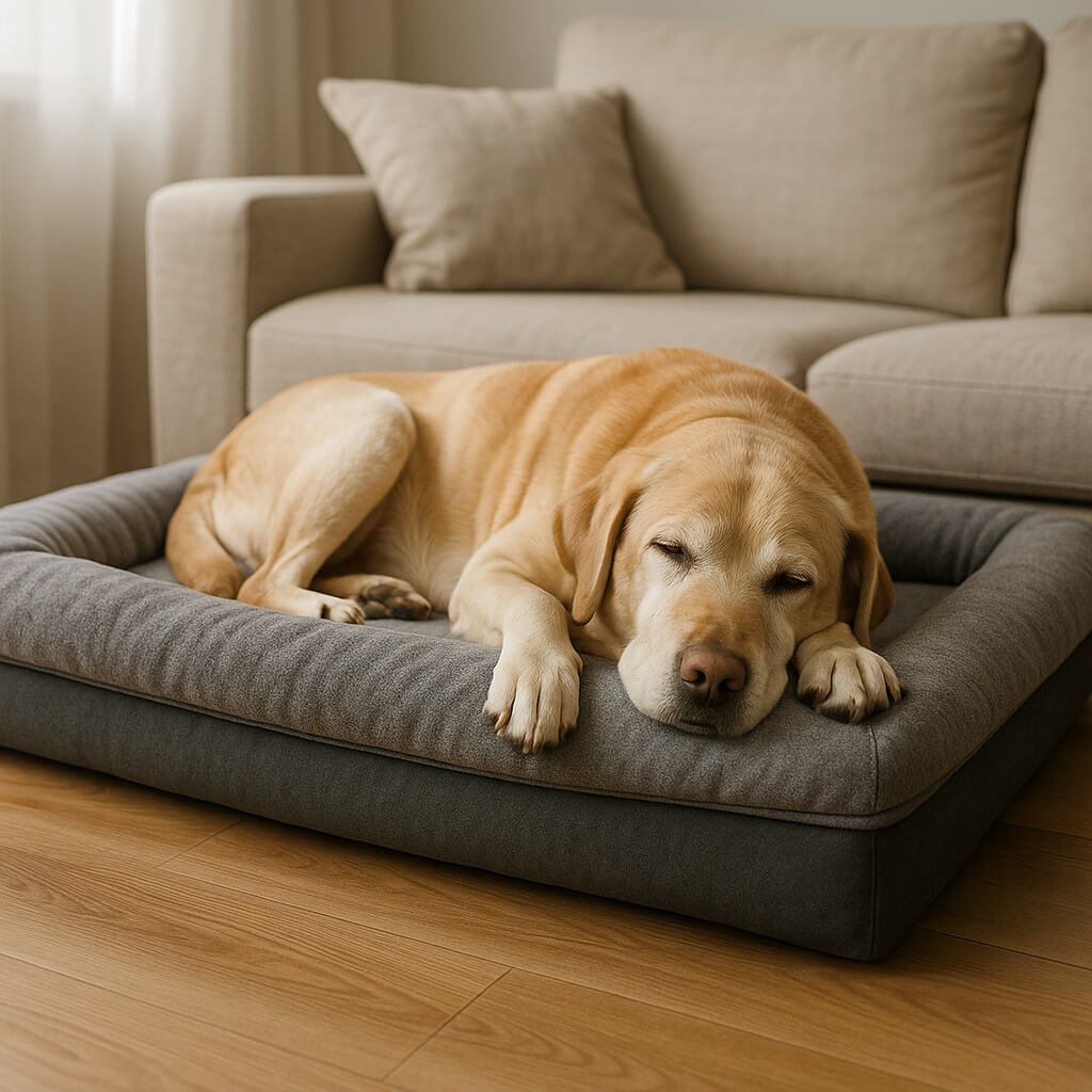 Senior dog resting on orthopedic bed for joint and arthritis support