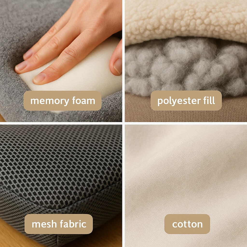 Comparison of dog bed materials including memory foam and breathable fabrics