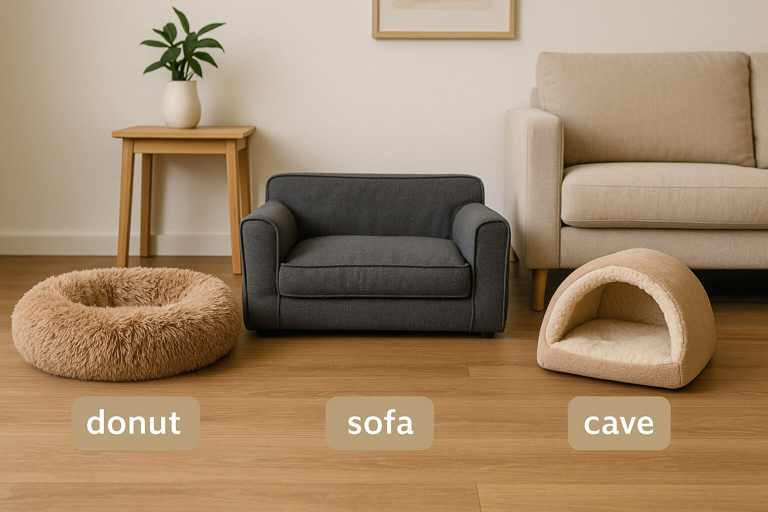 Different dog bed shapes side by side – donut, sofa, cave beds