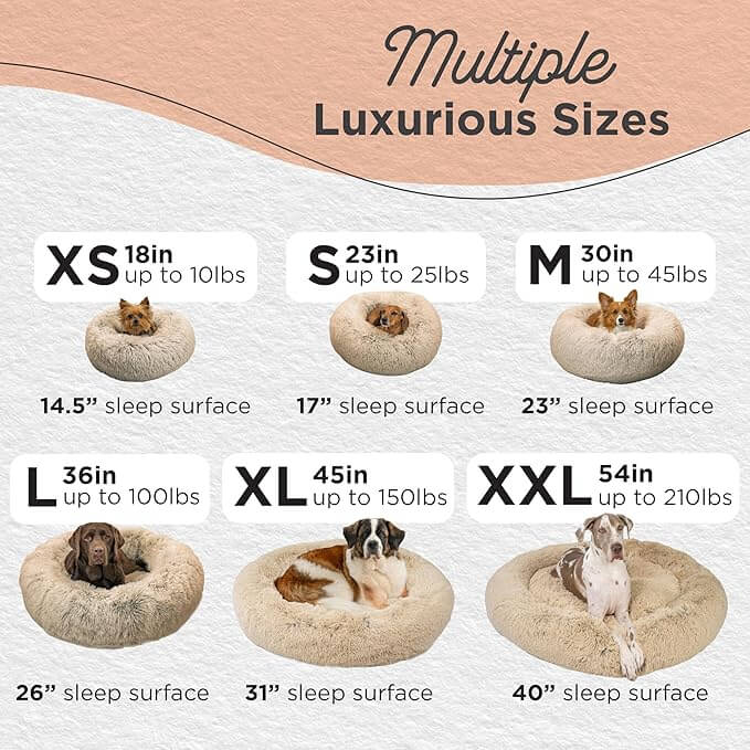 Size chart for luxury donut pet beds – XS to XXL with weight limits and sleep surface measurements