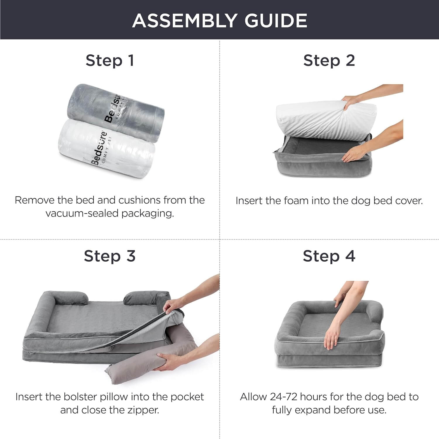 Bedsure orthopedic dog bed assembly guide showing 4 simple steps