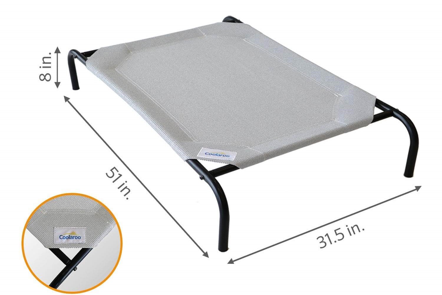 Coolaroo elevated dog bed dimensions shown: 51 x 31.5 x 8 inches with sturdy steel frame