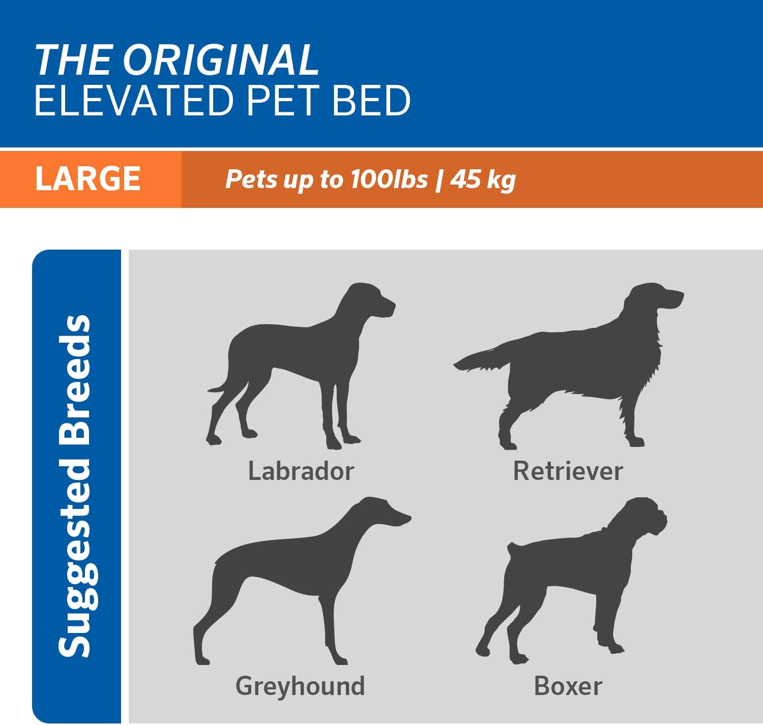 Coolaroo Large elevated dog bed size chart with silhouettes of Labrador, Retriever, Greyhound, and Boxer