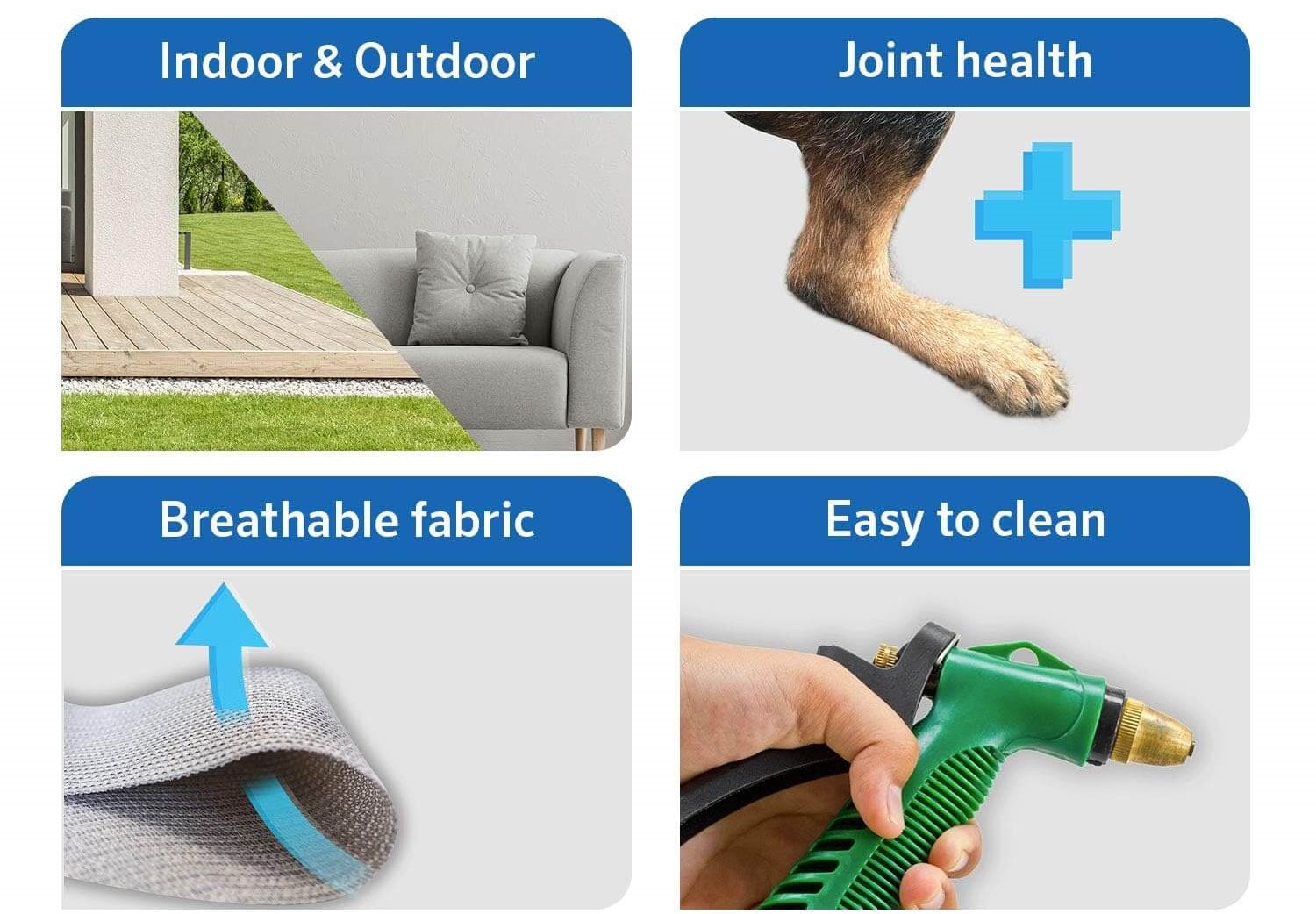 Coolaroo elevated pet bed features including breathable fabric, joint support, indoor-outdoor use and easy cleaning