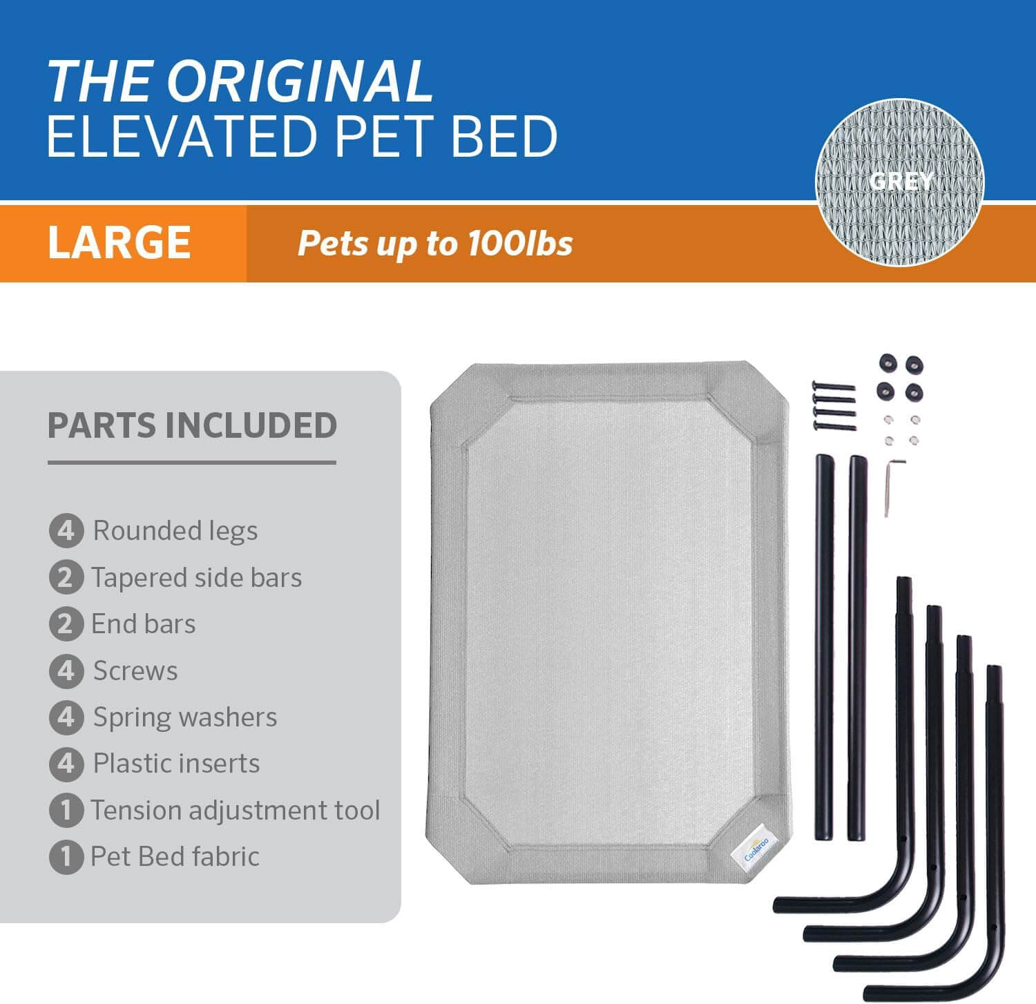 Unboxed Coolaroo elevated dog bed parts including steel frame pieces, HDPE fabric and assembly tools