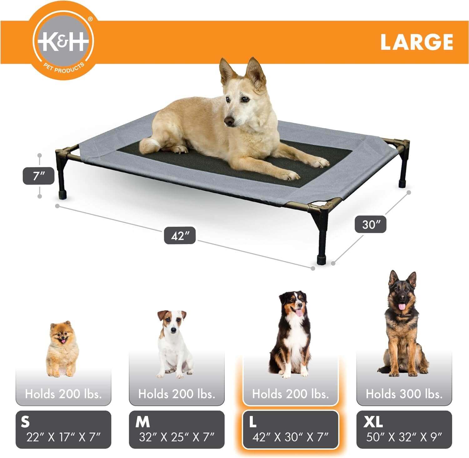 K&H Elevated Dog Cot size comparison with dog examples and measurements for Small, Medium, Large, and XL