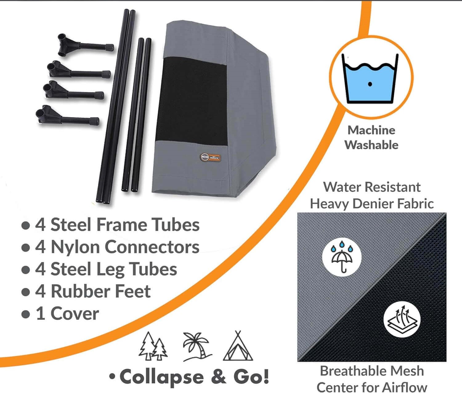 K&H Elevated Dog Cot parts including steel frame tubes, nylon connectors, mesh cover and rubber feet