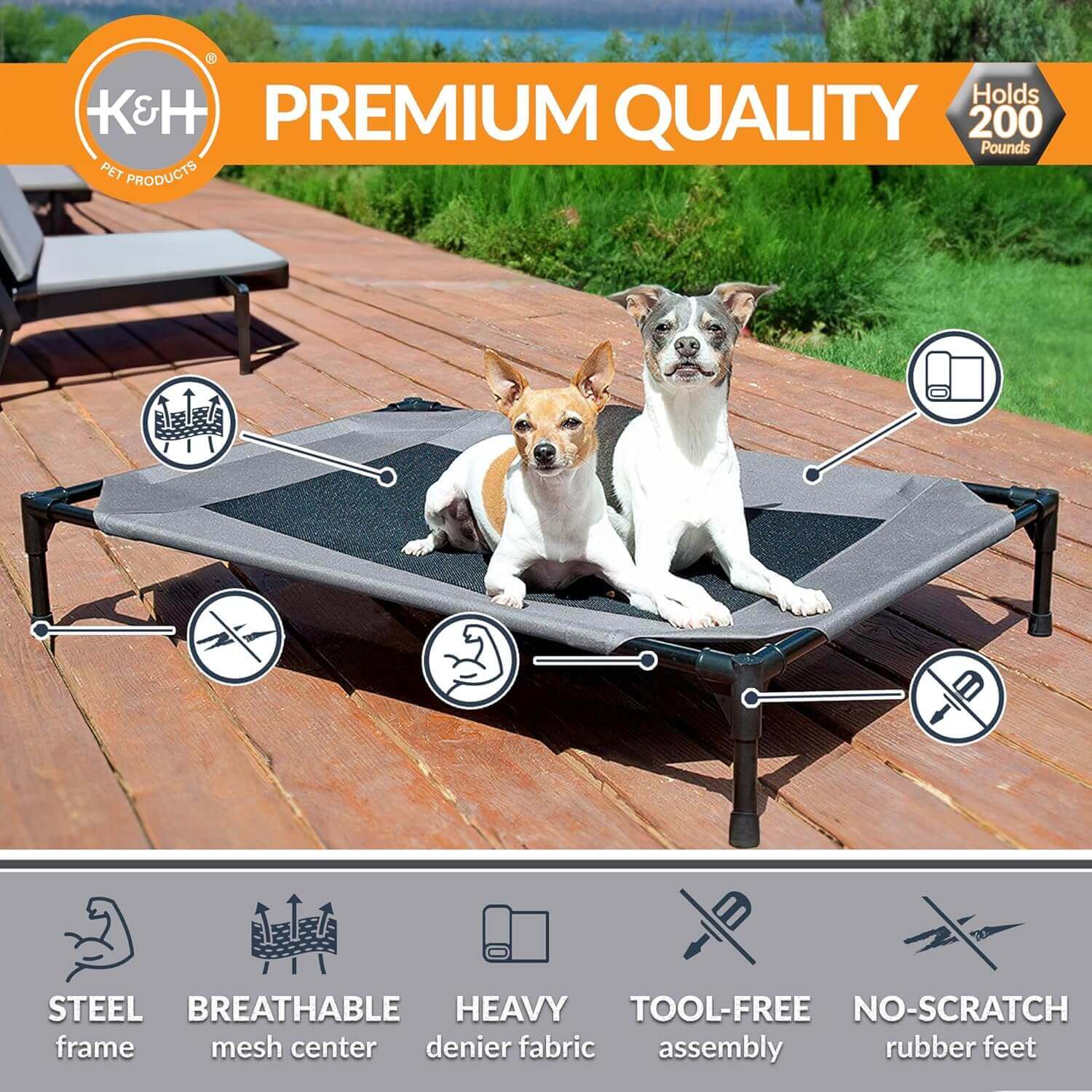 K&H Elevated Dog Cot with steel frame, breathable mesh, and non-scratch rubber feet for premium outdoor comfort