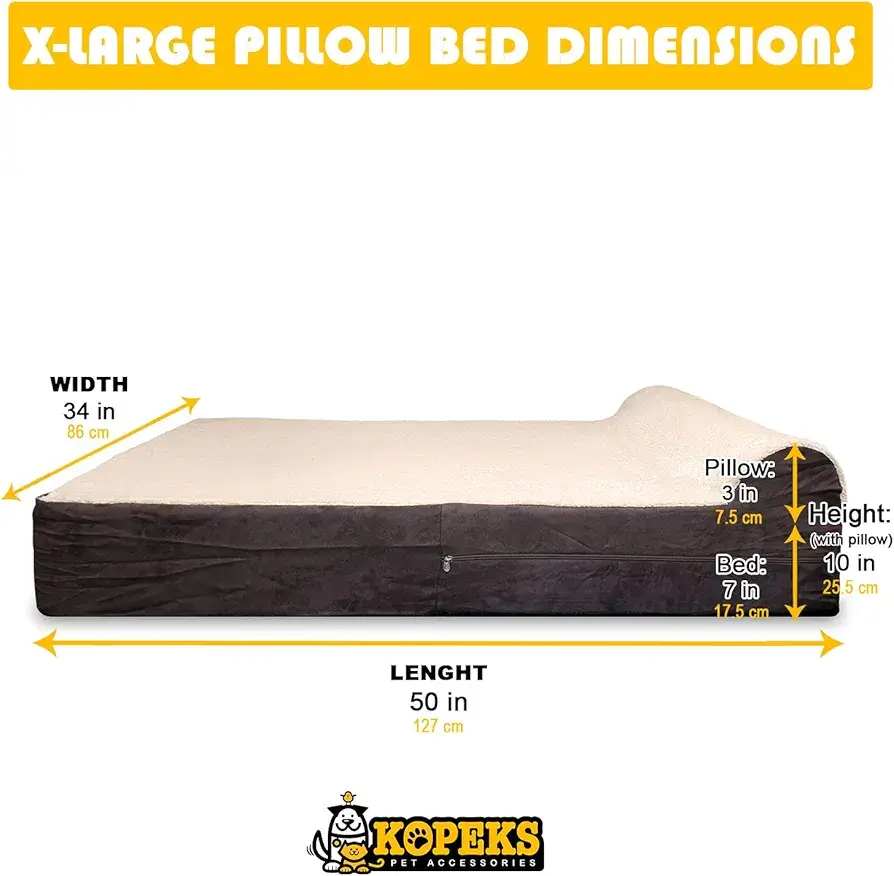 KOPEKS Orthopedic Dog Bed dimensions: 50x34 inches with 7-inch thick memory foam and built-in pillow