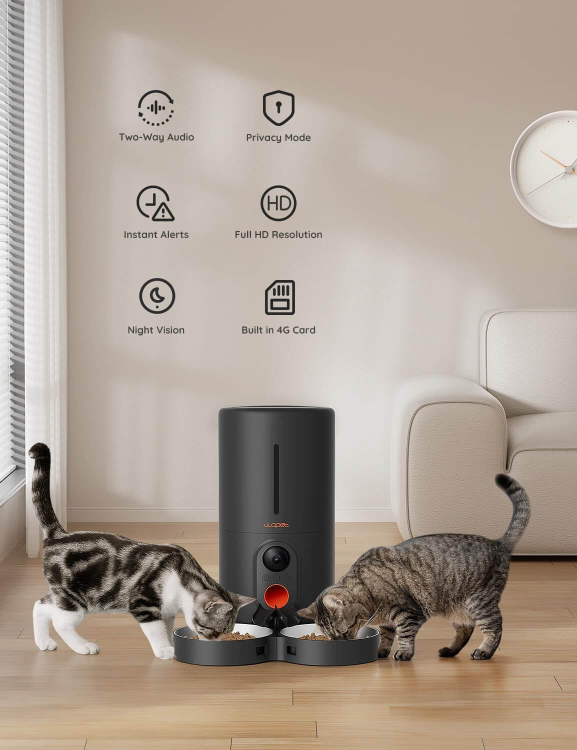 Owner setting up feeding times on the WOPET Automatic Pet Feeder using the smartphone app