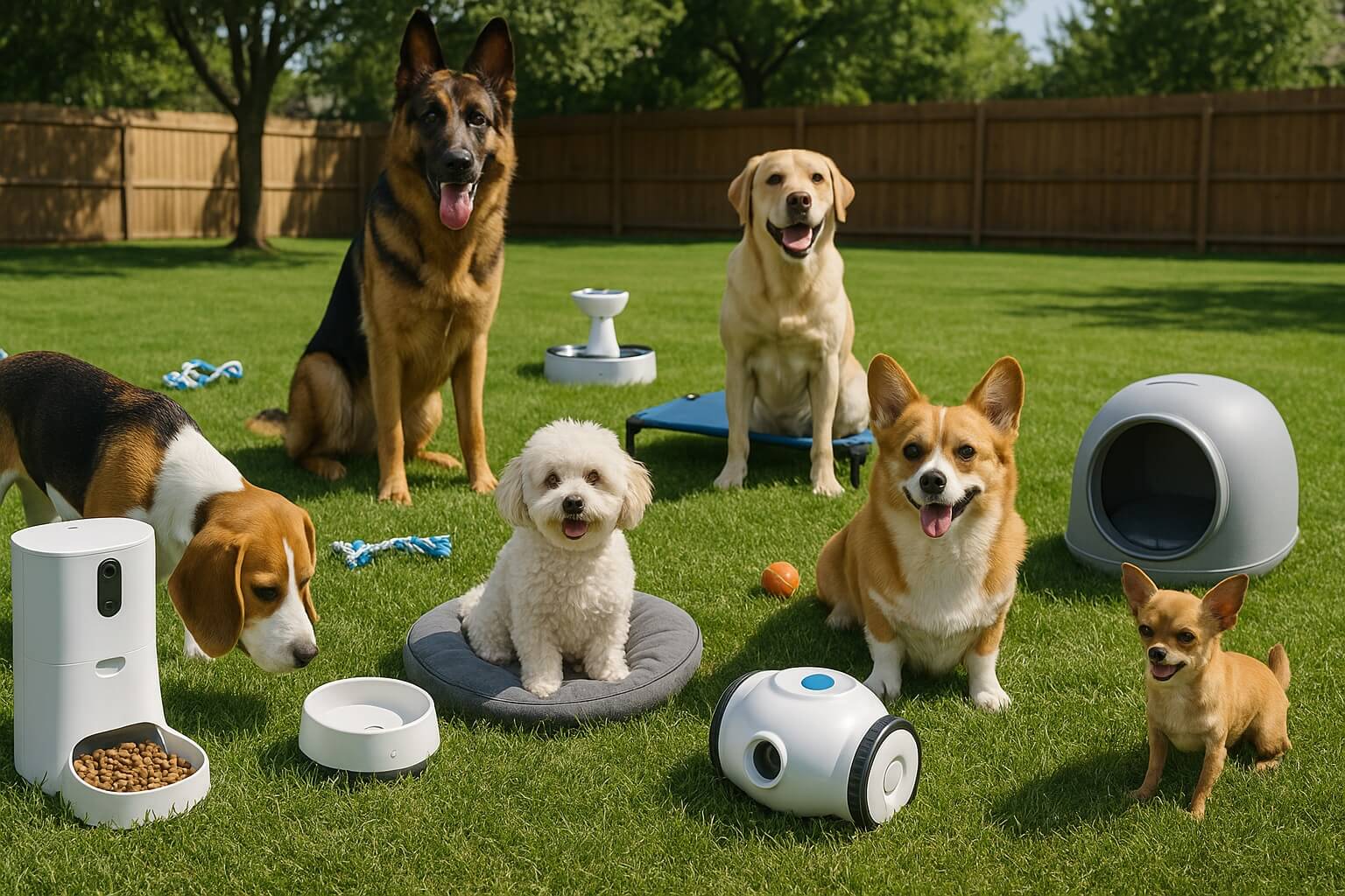 Illustration of smart pet gadgets including feeder, camera, and GPS for dogs and cats