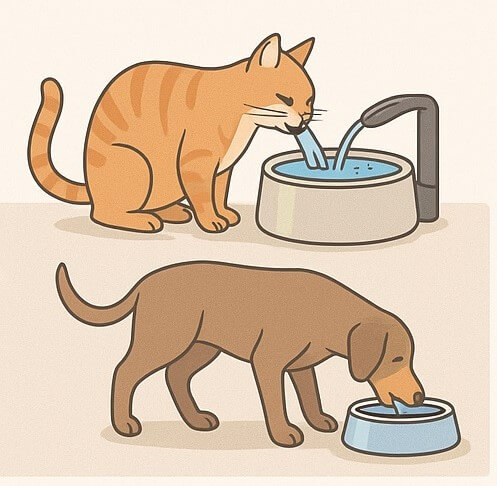 Dog and cat drinking from smart water fountains designed for different sizes