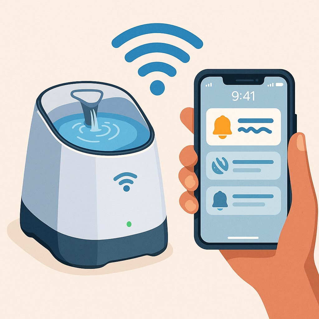 Smart pet water fountain with mobile app alerts and flow settings