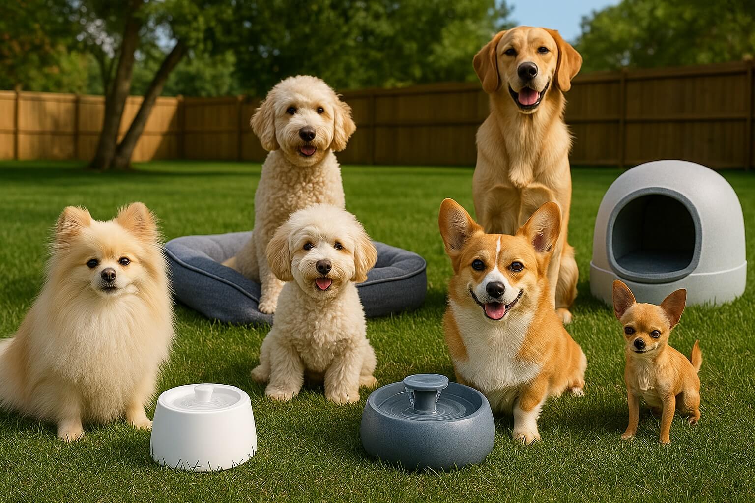 Dog and cat drinking from smart pet water fountains in a clean home setting