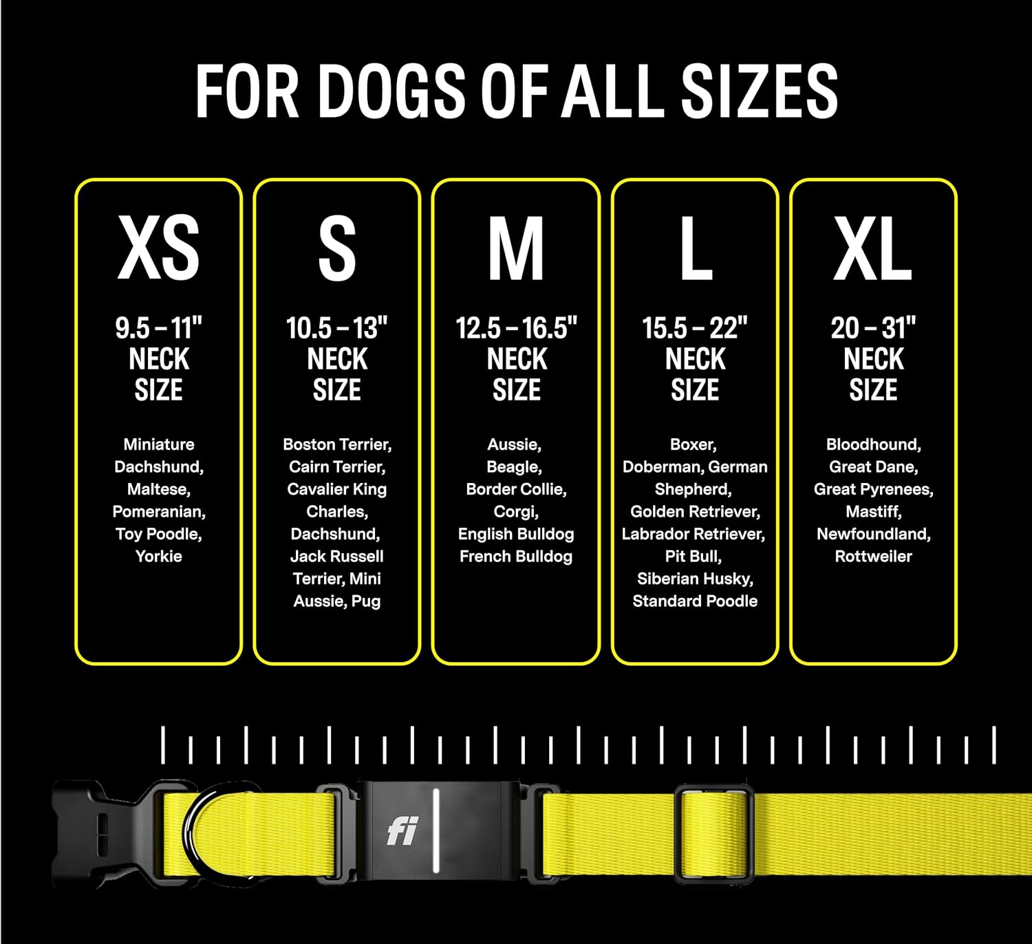 Fi Smart 3 Dog Collar sizing chart with examples of dog breeds and collar dimensions