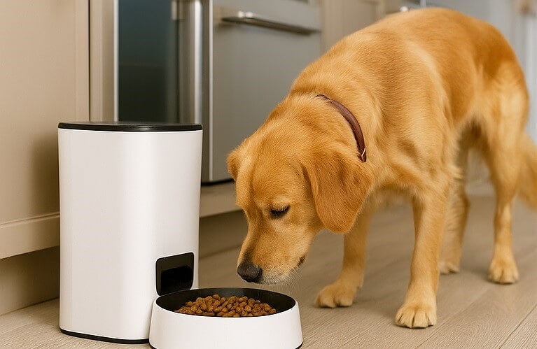 Automatic pet feeder dispensing kibble for a dog while owner is away