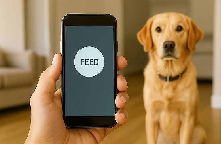 Close-up of pet feeder showing portion size settings for healthy diet
