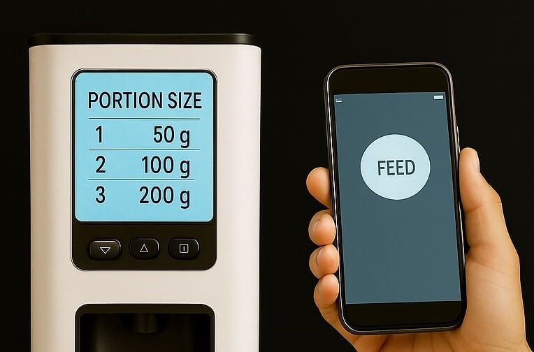 Pet owner using mobile app to control smart pet feeder remotely