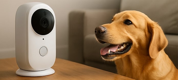 Dog responding to owner's voice through a pet camera with two-way audio
