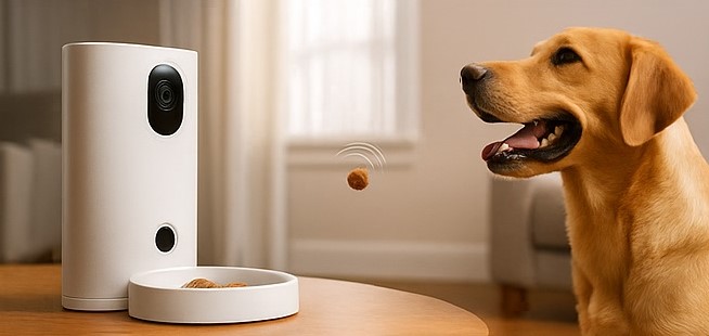 Pet camera with treat tosser dispensing snack to dog remotely