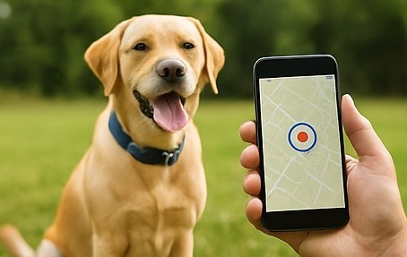 Dog with GPS tracker collar being tracked in real-time on a mobile app