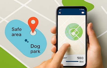 Map showing a virtual geofence with an alert triggered by a dog leaving the safe area