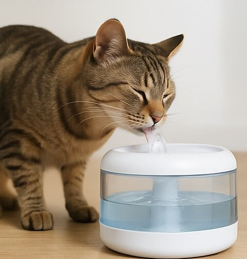 Cat drinking from a smart water fountain with filtration system