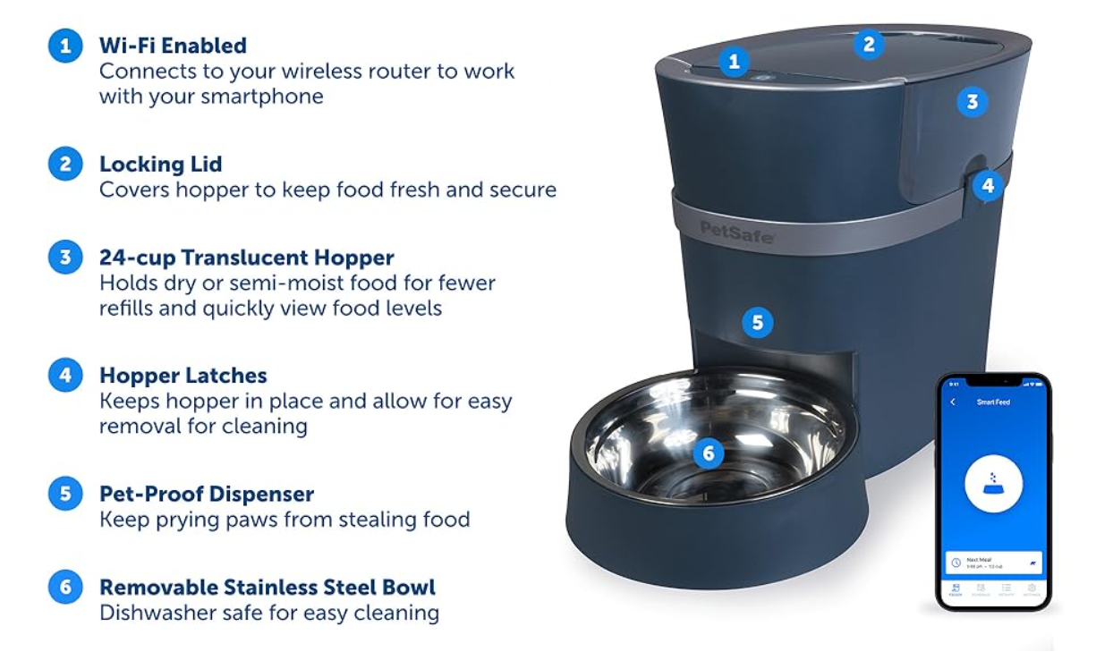 PetSafe Smart Feed unboxed with food dispenser, power adapter, and quick start guide