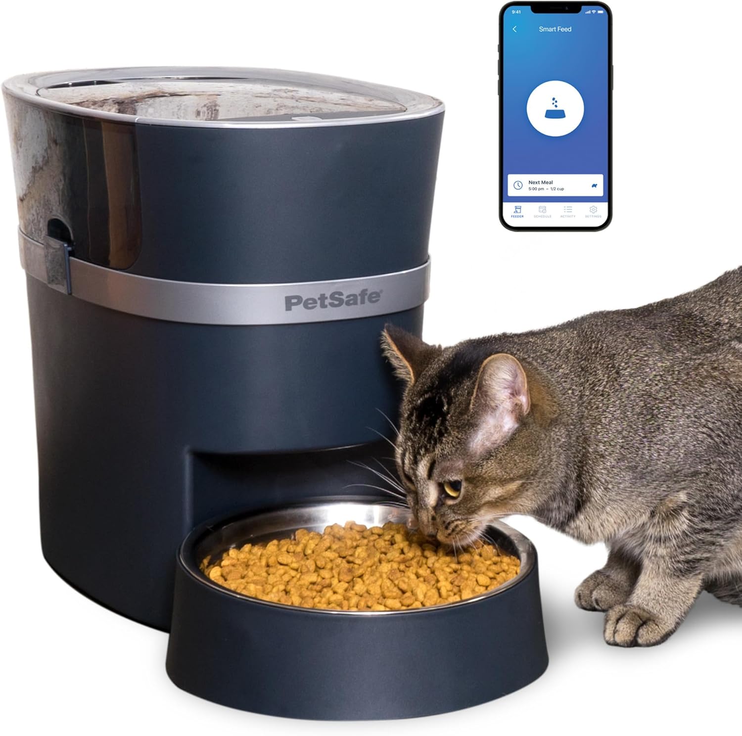 Pet parent managing their pet's feeding schedule remotely with the PetSafe Smart Feed app on a smartphone