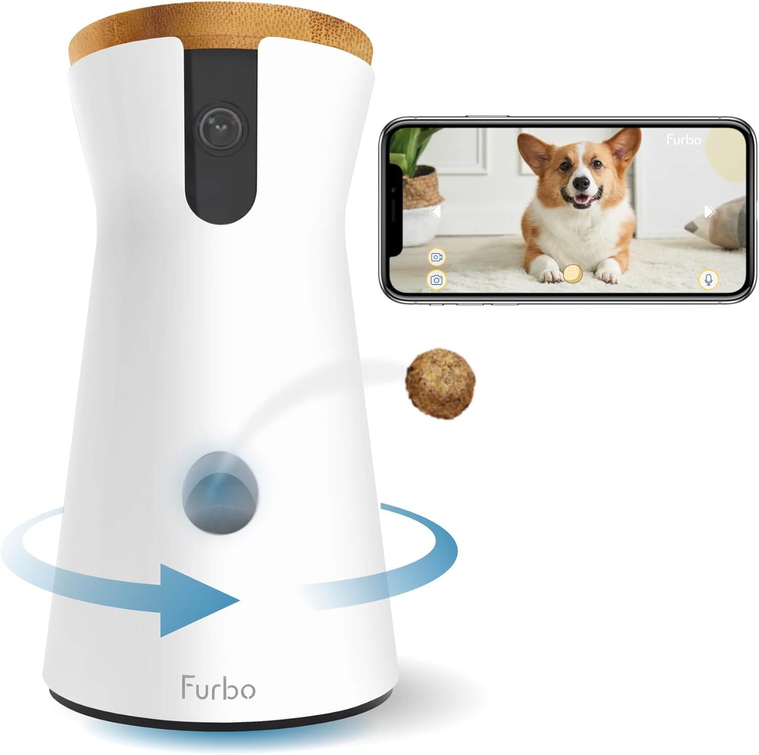 Dog owner watching their dog live using the Furbo 360 Dog Camera on a smartphone